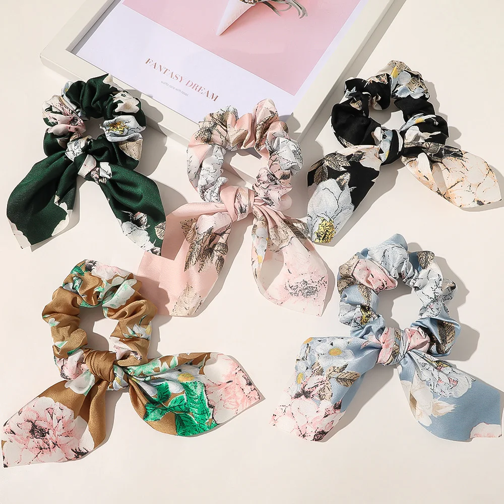

2021 New Arriving Flowers Hair Ties Cute Animal Ear Satin Scrunchies For Women Girls Elastic Hair Rubber For Hair Chouchou