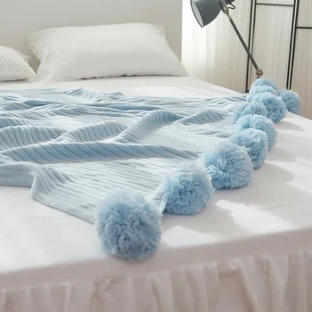 

200x150cm Solid Quality Cotton Pom Crochet Thread Blanket For Babies Adults Twin Size Bed Knitted Throws Bed Sofa Home Decor