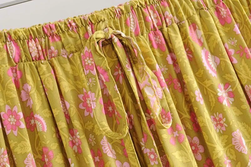 Винтажная шикарная модная хиппи Женская пляжная богемная желтая юбка с цветочным принтом высокая эластичная талия трапециевидная юбка макси в стиле бохо Femme