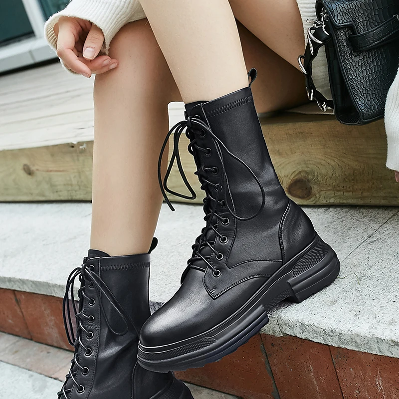 Women's genuine leather lace-up platform flats Motorcycle boots high quality autumn waarm plush mid-calf boots shoes for women