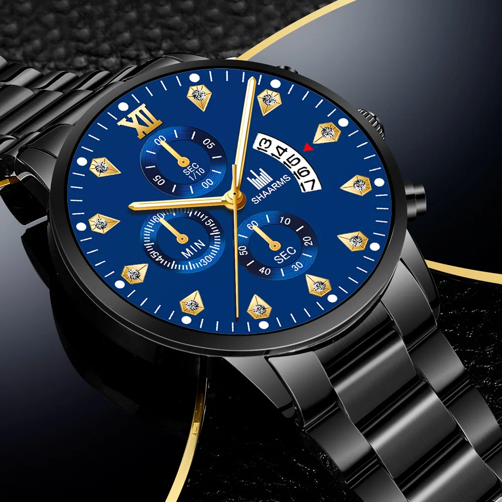 2021 Luxury Brand SHAARMS Alloy Strap Men's Watch Diamond Waterproof Quartz Watch for Men's Analog Three-eye Calendar Male Clock