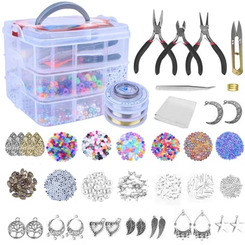 

Jewelry Making Supplies Kit with Assorted Beads Charms Findings Wire Cord Pliers AXYD