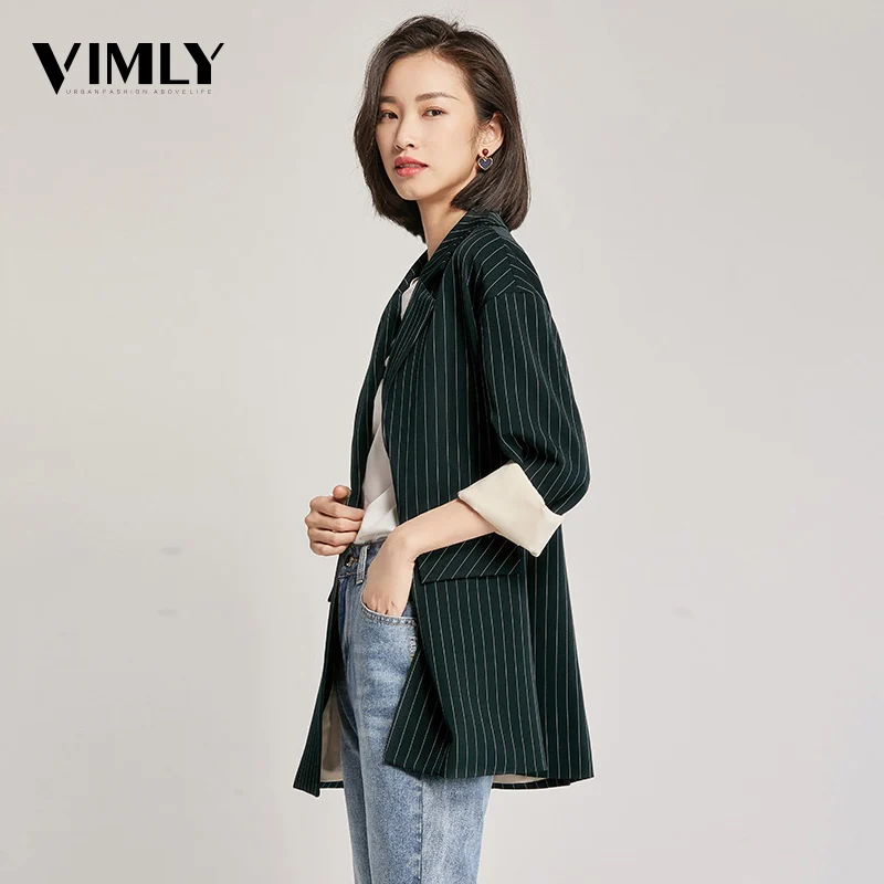 Vimly офисный женский полосатый блейзер с длинным рукавом, осенняя Зеленая деловая куртка, Блейзер, свободный костюм с заниженным плечом, уличная одежда