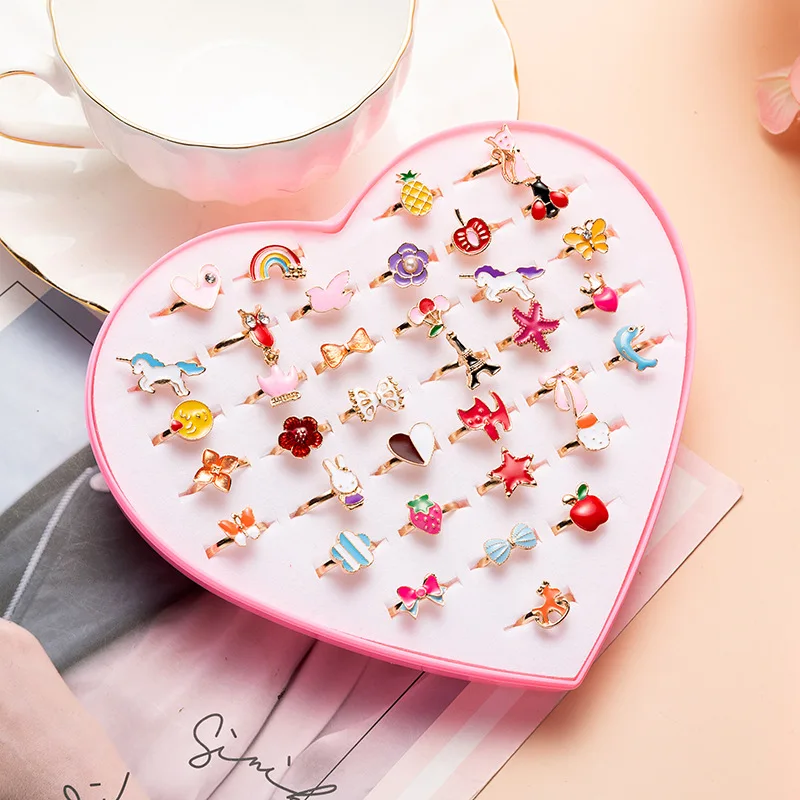 Little Girl Adjustable Rings Box Children Kids Jewelry Rings Set Display Case Girl Pretend Play Dress up