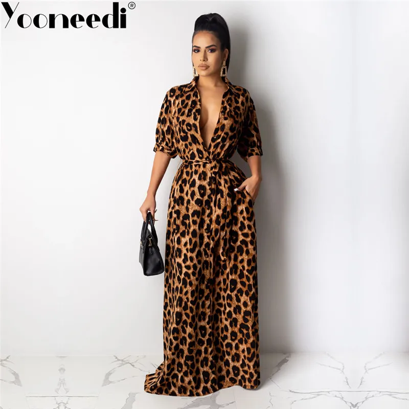 Yooneedi осеннее дизайнерское Сексуальное женское платье леопардовой расцветки с v-образным вырезом и рукавом средней длины, женское Макси платье QM-3893