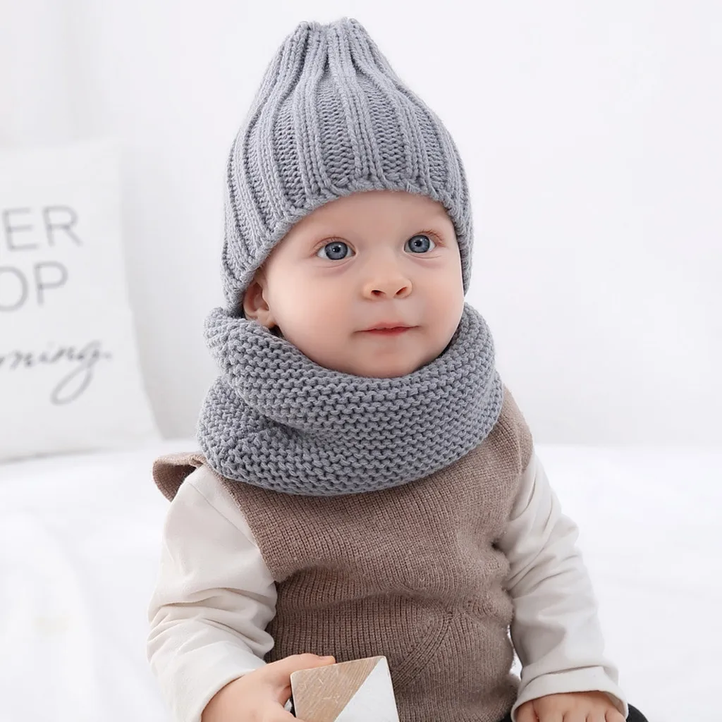 2PCs Children Cap Scarf Set Winter Solid Twist Knit Cap Thick Warm Windproof Scarf Hat czapka i komin tricotin снуд девочка#H