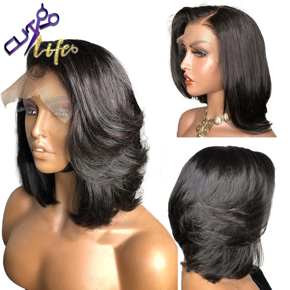 Short Bob Wavy Wig Human Hair 4X4 Lace Closure Wig For Women Pixie 13X4 Lace Front Brazilian Remy Natural Pre Plucked