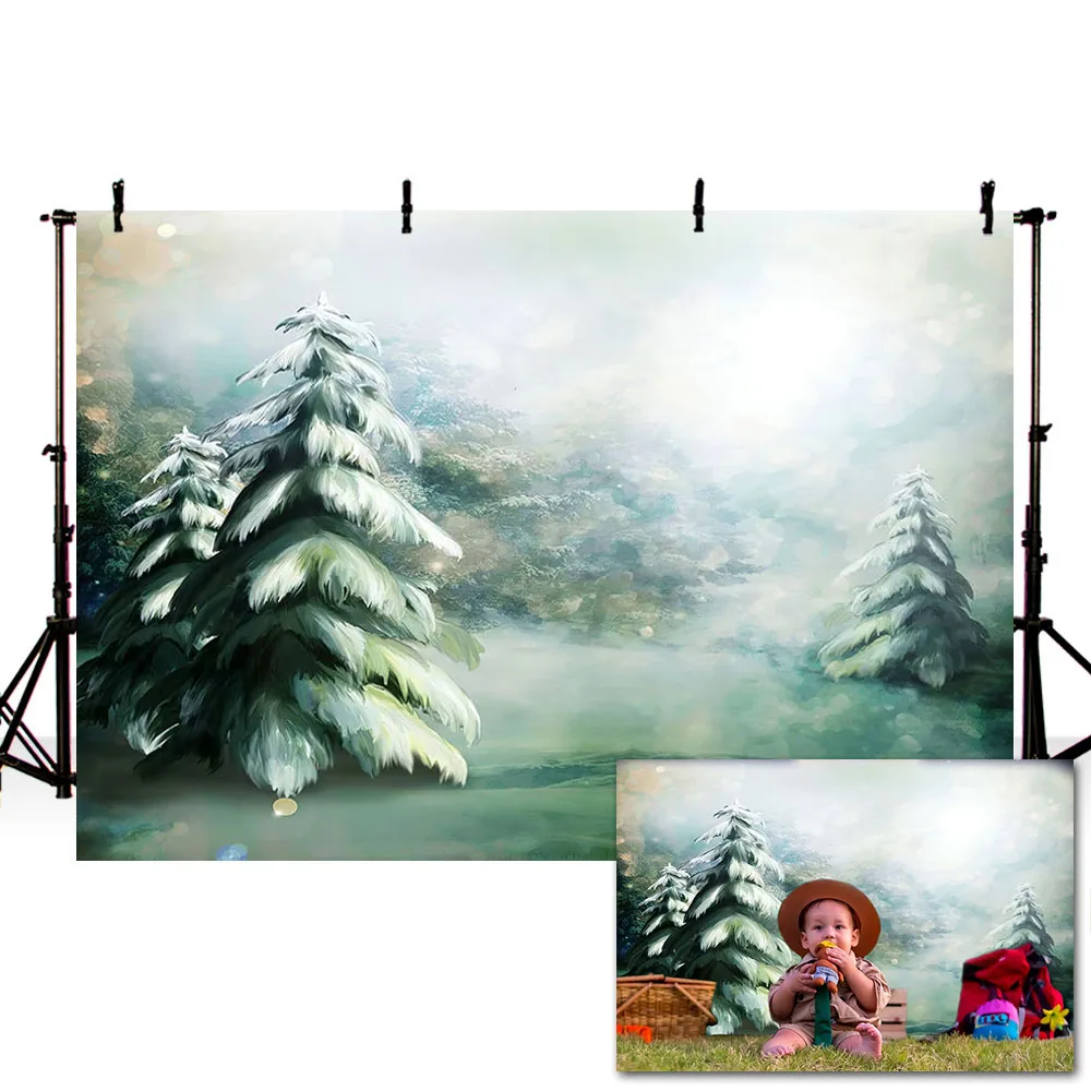

Mehofond Winter Forest Backdrop Painting Christmas Tree Snowflake Baby Portrait Photography Background Decor Photo Studio Props