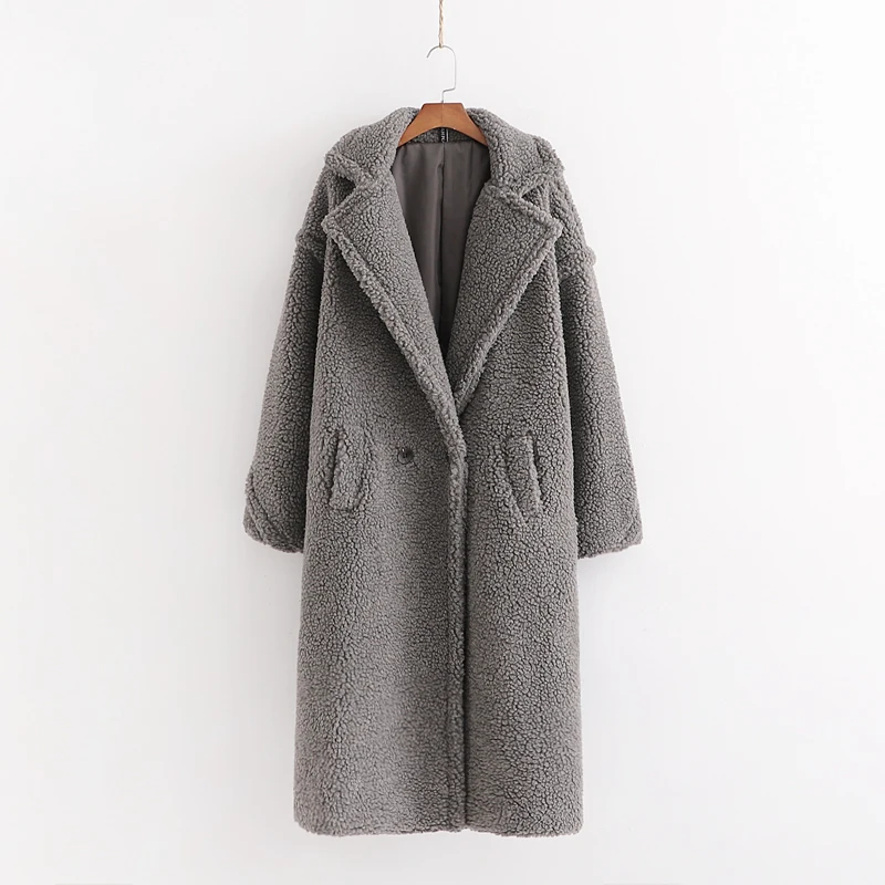 Зимнее пальто женское повседневное длинное меховое пальто шерстяное Женское пальто с длинным рукавом - Цвет: Серый
