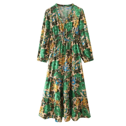 Vintage Floral Printed Midi Dresses Chic V Neck Lantern Long Sleeve A Line Dresses Female Fashion Casual Dress