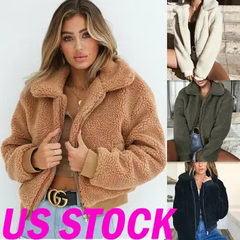 

Women's Winter Thick Warm Casual Teddy Bear Pocket Hoodie Sweater Ladies Faux Fluffy Fleece Jacket Coat Zip Up Outwear Overcoat