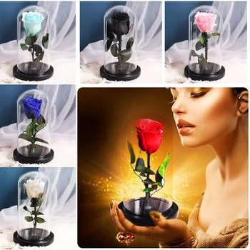 

Beauty And The Beast Red Rose In Flask Glass Dome On A Wooden Base For Christmas Day Gift Home Table Decoration Eternal Flowers