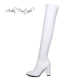 

Arden Furtado Fashion Women's Shoes Winter Elegant Boots Pointed Toe Chunky Heels Zipper white Over The Knee High Boots