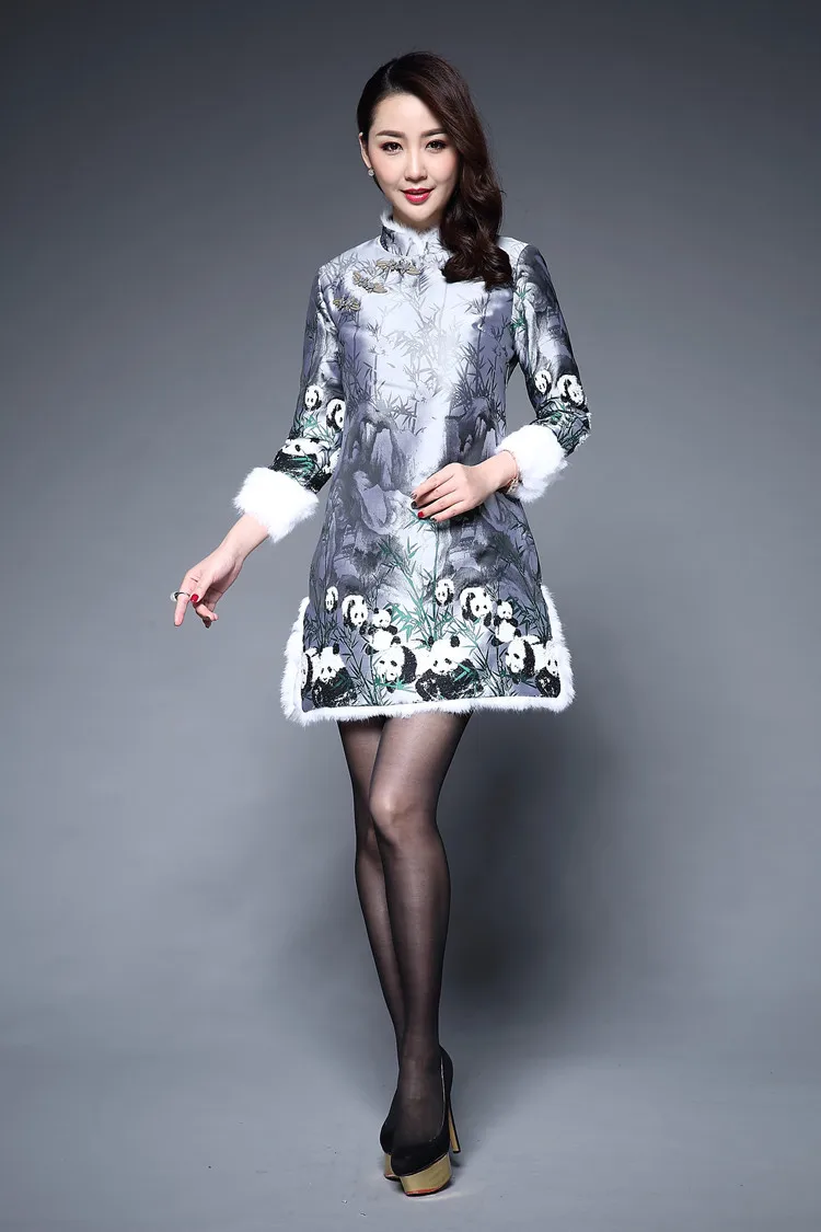 Женское платье в национальном стиле, Осеннее и зимнее, теплое, из меха норки, с длинным рукавом, женское платье среднего возраста, с подкладкой, Cheongsam, плотное, Coa