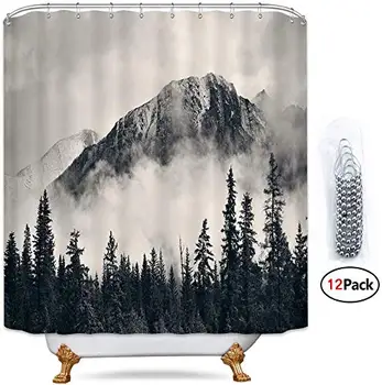 

National Parks Mountain Shower Curtain Metal Hooks 12 Pack Scenery Foggyy Home Decor Smokey Forest Tree Cliff Outdoor Idyllic