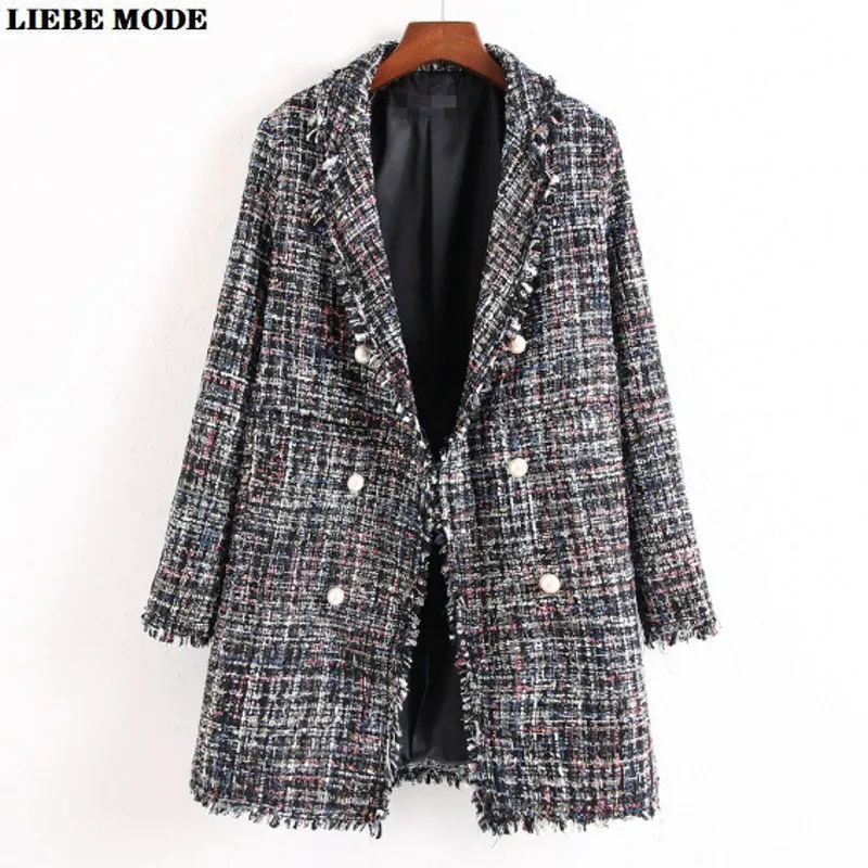 

Woman Double Breasted Tweed Jacket Women 2020 Elegant Plaid Long Sleeve Blazer Femme Mujer Autumn Winter Long Coat Tassels