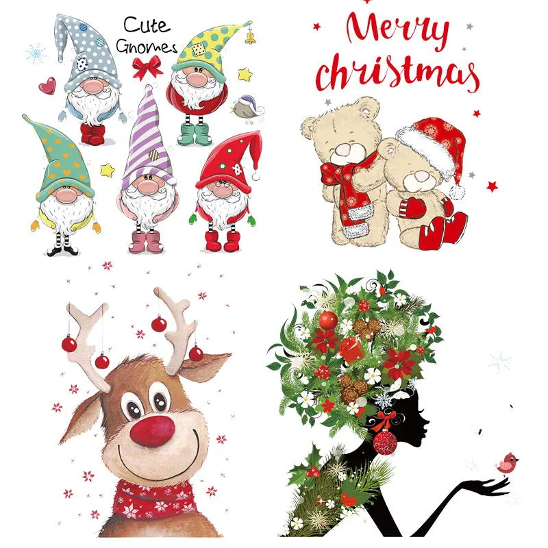 Christmas Patches Cute Deer Bear Genie Transfers A-Level Washable Vinyl Diy Thermal Press Hoodies Tops For Clothing | Дом и сад
