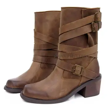 

Western Cowgirl Fashion Buckle Strap Black Brown Leather Motorcycle Rain Boots Combat Punk Shoes Woman Biker Cowboy Boots