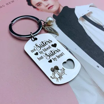 

XEDZ New badge-shaped pearl wings key chain Not sisters by blood but sisters by heart love two girls sisters key chain jewelry g