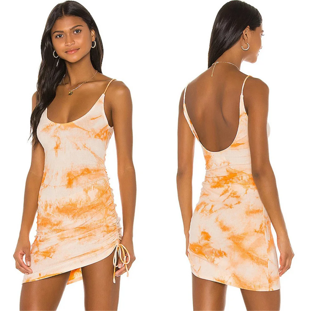 

Tie-Dye Print Suspender Dress Sexy U-Neck Halter Sling Mini Dresses Women Summer Drawstring Printed Sleeveless Round Neck Dress