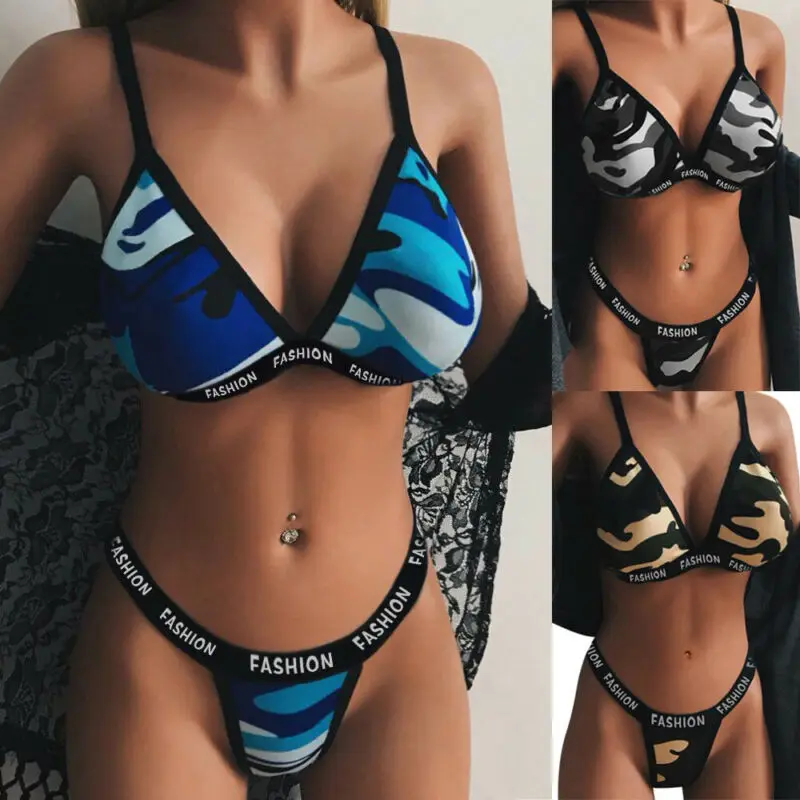 

2020 Women Summer Sexy Hot Camouflage Print Push Up Padded Wire Free Low Waist Bikini Set Swimwear Swimsuit Beachwear 2019 mujer