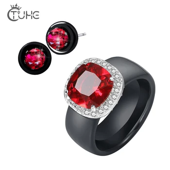 

New Arrival Black White Colorful Ring Ceramic Jewelry Set For Women With Big Crystal Wedding Band Ring Width 8mm Gift Jewelry