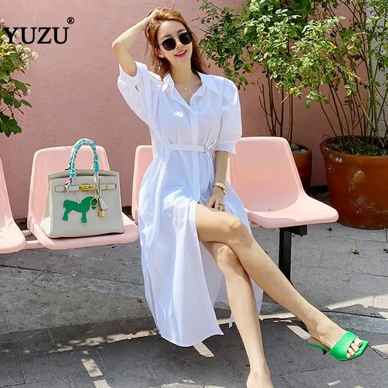 

White Shirt Irregular Dress With Belt Office Women Straight Solid Half Puff Sleeve Split Single Breasted Mid-calf Dress