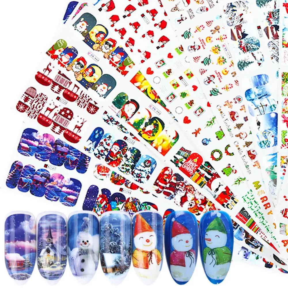 

3D Nail Sticker 12pcs Christmas Santa Claus Elk Snowman Gift Water Transfer Slider Full Wrap Xmas Cartoon Winter Decal