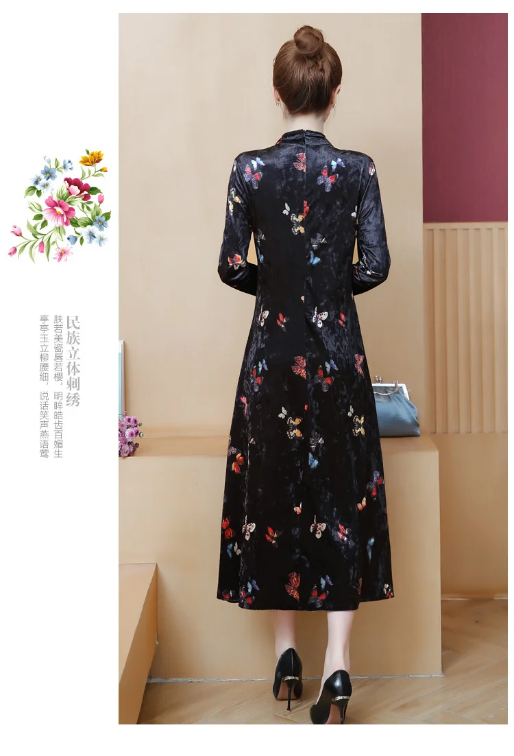 Большой размер Cheongsam молодой принт китайский стиль рукава улучшенная версия платья бархат cheongsam длинная секция