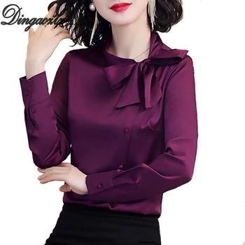 

Dingaozlz Spring New Korean Fashion OL shirt Satin Chiffon blouse Slim Bow tie Women Tops Blusa
