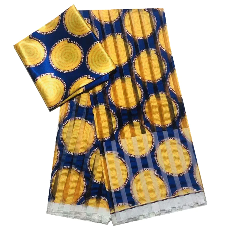 Атласная шелковая органза ткань африканская Ткань шелковая органза в синем и желтом шелковом воске для женского платья 4+ 2 ярдов