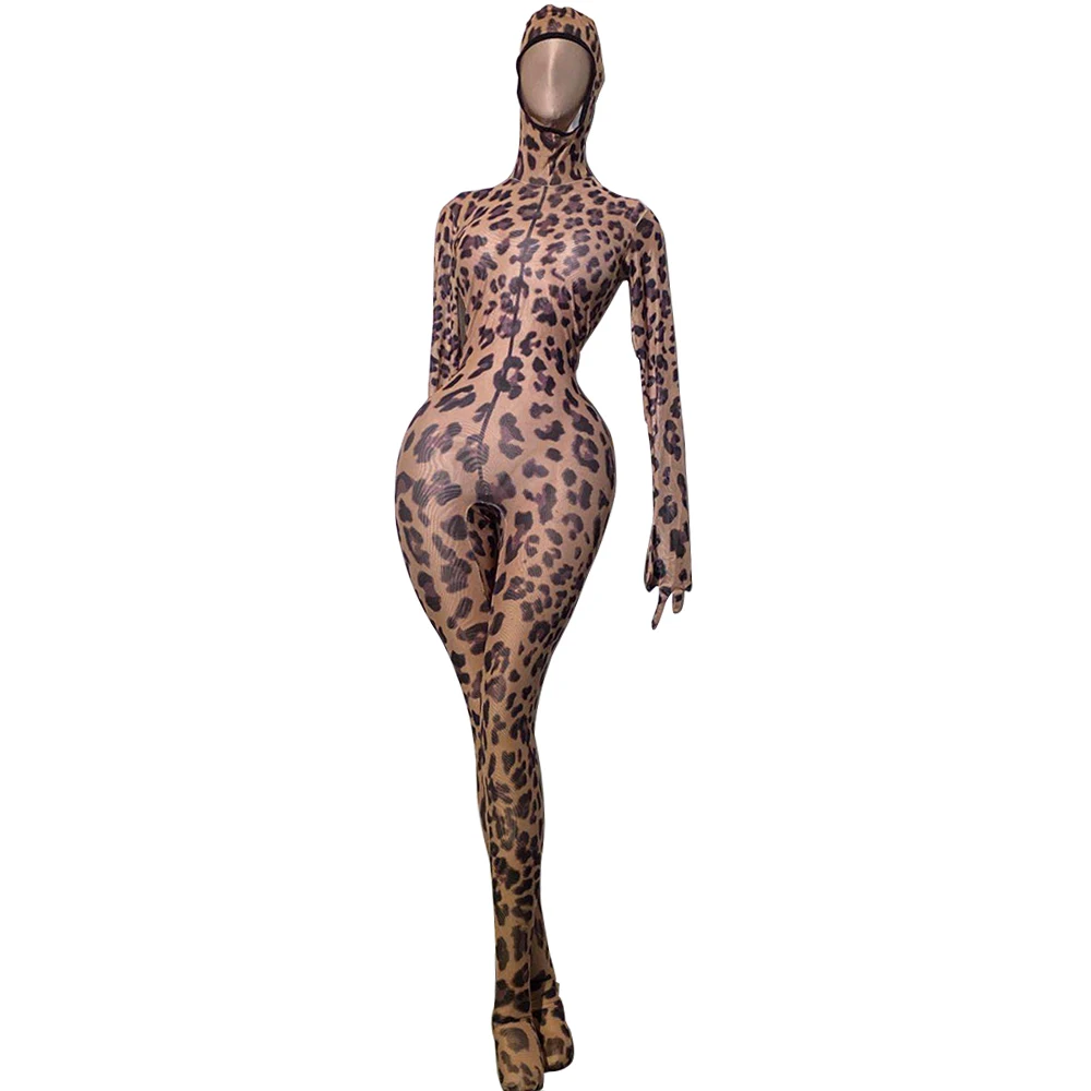 Fashion Stretch Skinny Leopard Women Jumpsuit Long Sleeve Gloves Party Rompers Sexy Nightclub Bodysuit DJ Singer Dancer Costumes Fashion Stretch Skinny Leopard Women Jumpsuit Long Sleeve Gloves Party Rompers Sexy Nightclub Bodysuit DJ Singer Dancer Costumes