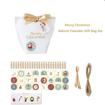 

24sets Advent Calendar Merry Christmas Paper Bag Holiday Count Down Gift Packing Idea with Stickers Party Snack Treat Bag White