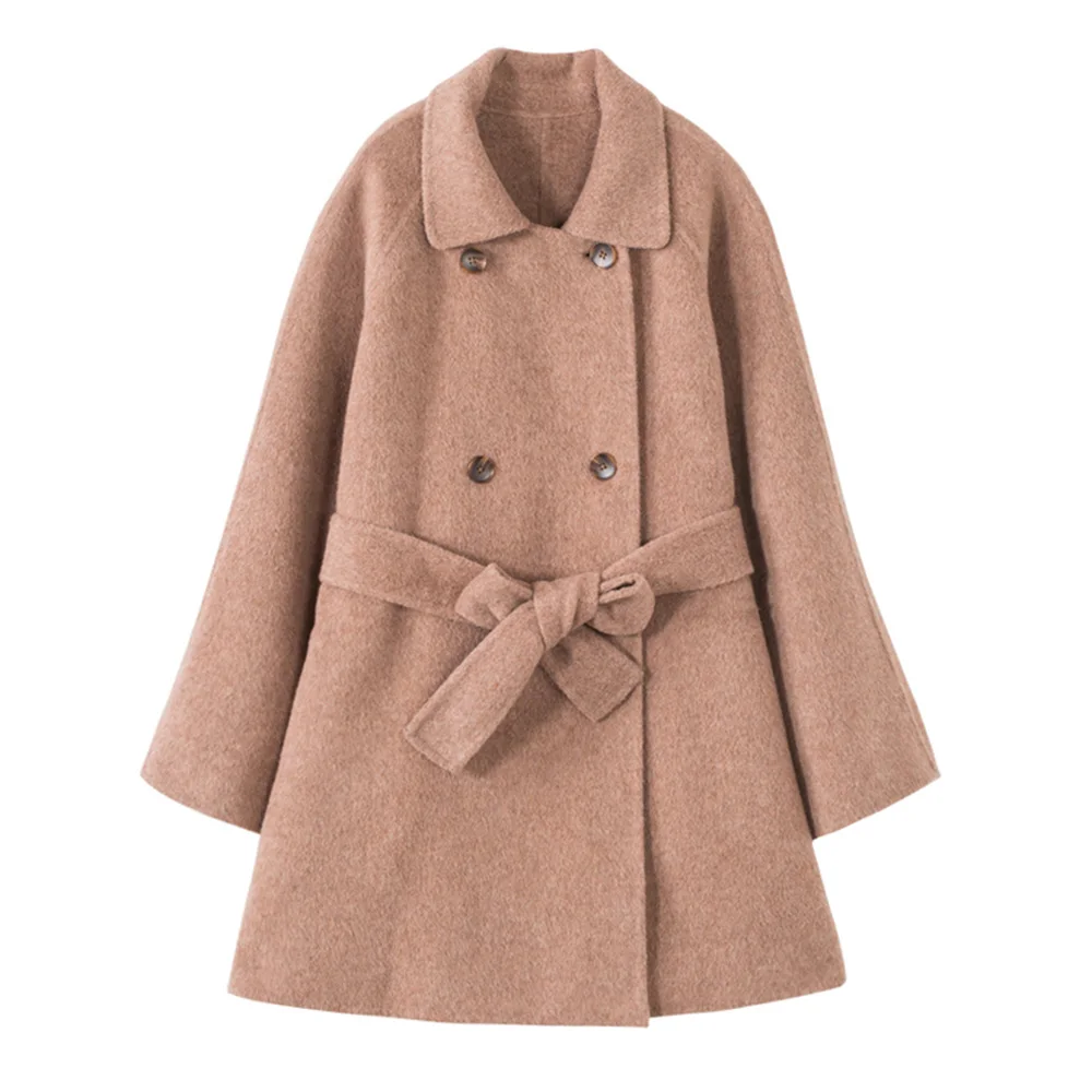 

Elegant Wool Blends Women Korean Autumn and Winter Warm Elegant Sashes Coat Brown Oversized Overcoat Retro Causal Outwear White
