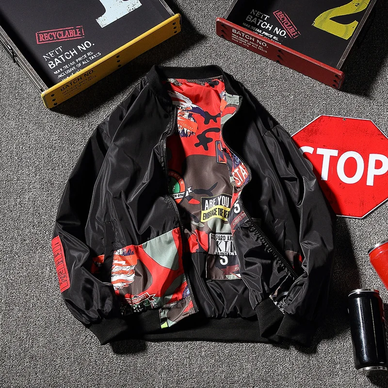 Негабаритные куртки с рисунком граффити для мужчин Модная одежда с обеих сторон забавная уличная хип хоп мультфильм японский бейсбольная форма печать 5XL - Цвет: red