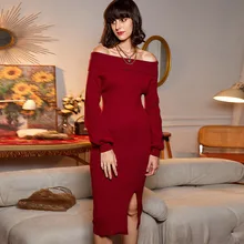 Robe de fête de noël pour femmes, col bateau, rouge, Slim, épaules dénudées, pull en tricot, mode Midi Vintage, hiver, 2021 