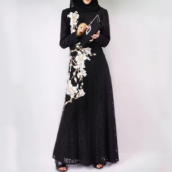 

High End Lace Muslim Dress Women Flower Maxi Abaya Hijab Turkey Moroccan Kaftan Kimono Arab UAE Islamic Clothing Elbise Vestidos