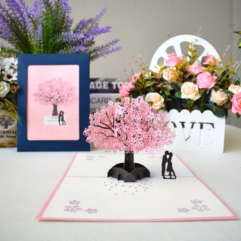  Cherry Tree 3D Pop UP Card with envelope sticker Flower laser cut invitation Wedding Greeting Cards