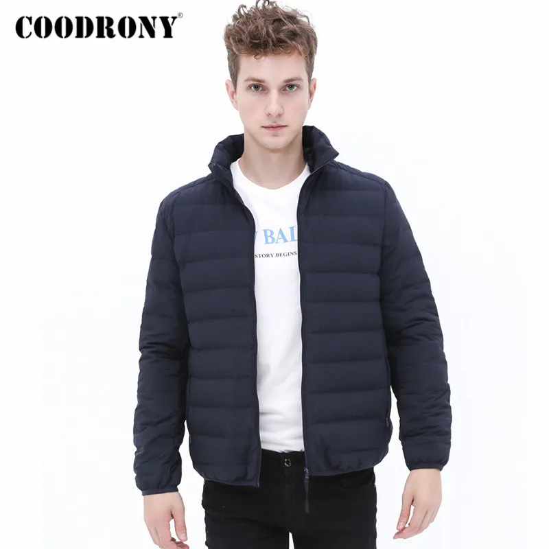 Тёмно-синий Бренд COODRONY, пуховик на утином пуху, мужская зимняя куртка, пальто с карманами на молнии, Классическая мода, повседневное теплое пальто со стоячим воротником 98020 - Цвет: Тёмно-синий