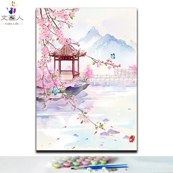 

diy coloring Paints by numbers traditional chinese style building landscape flowers with kits for girls to practise painting