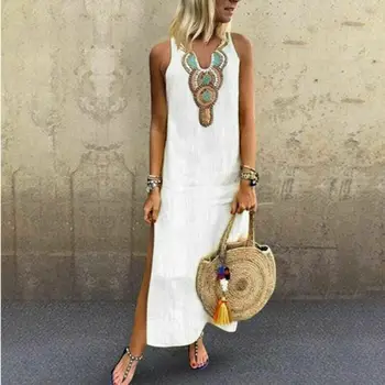 

Maxi Boho Print Dress Summer Vacation Beach Dress Women Casual Print Bodycon Sleeveless V Neck Split Long Dress