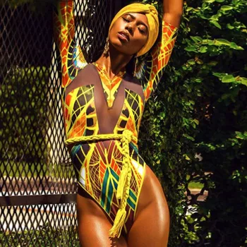 

Hot Mesh Monokini African Style Bathing Suit Tribal Totem Print Swimwear One Piece Swimsuit Women Long Sleeve Beachwear No Belt