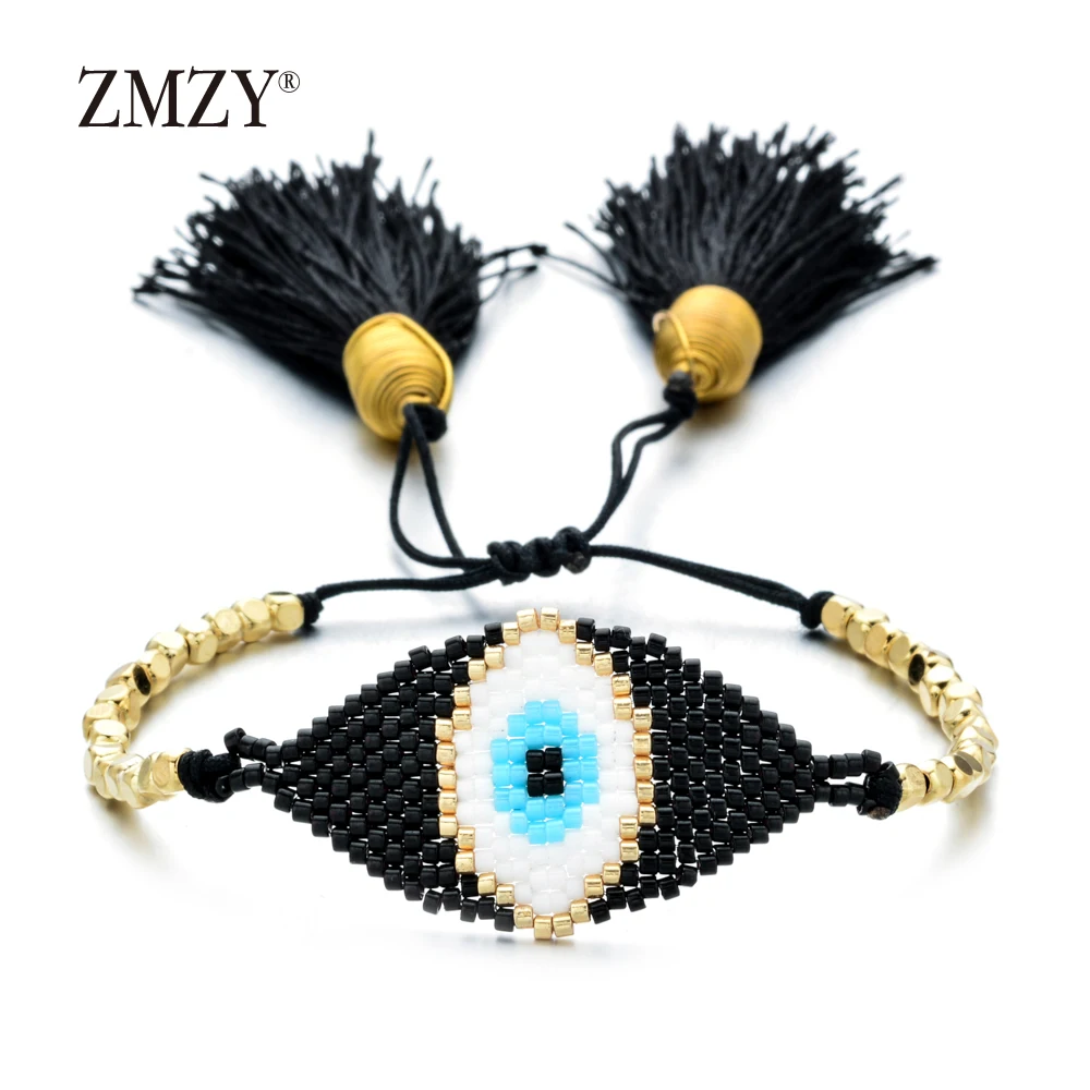 eyeblack ZMZY, новинка, ручная работа, слоистые бусины Miyuki, браслет с кисточкой, кристалл, браслеты с подвесками для женщин, девушек, мода, бохо, ювелирное изделие, подарок - Metal Color: eyeblack