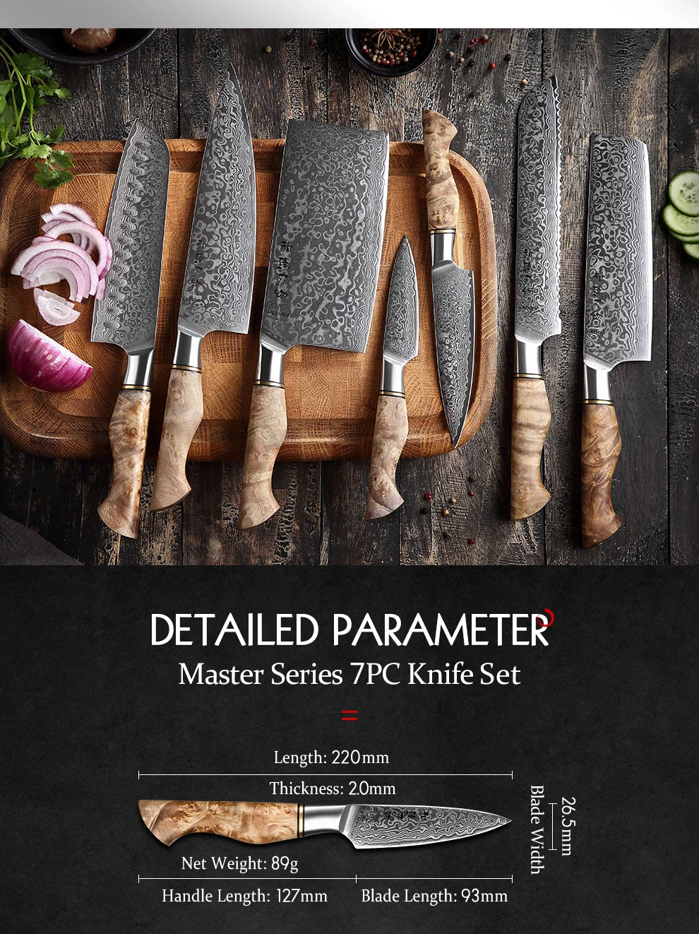 HEZHEN 1-7PC Set di Coltelli Da Cucina Professionale In Acciaio di Damasco Chef Pane Sbucciatura Santoku Sharp Nakiri Coltelli Da Cucina Da Cucina