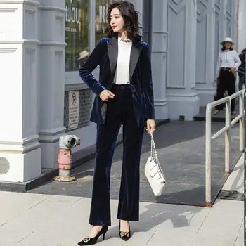 

Women 2020 Autumn Winter Retro Elegant Gold Velvet Small Suit Two Pieces Female Slim Wide Leg Pant Suits New Causal Outfits T295