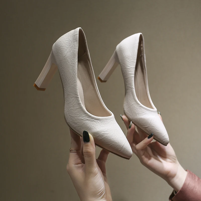 

zapatillas mujer 2020 spring autumn women pumps pointed toe shallow leather office lady high heel concise zapatos mujer tacon