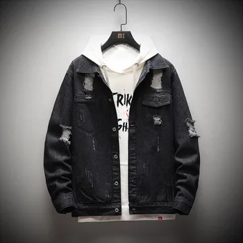 

2019 New Men's Denim Jacket Men's Hip Hop Men's Retro Hole Denim Jacket Jacket Street Casual Bomber Jacket Harajuku Fashion Coat