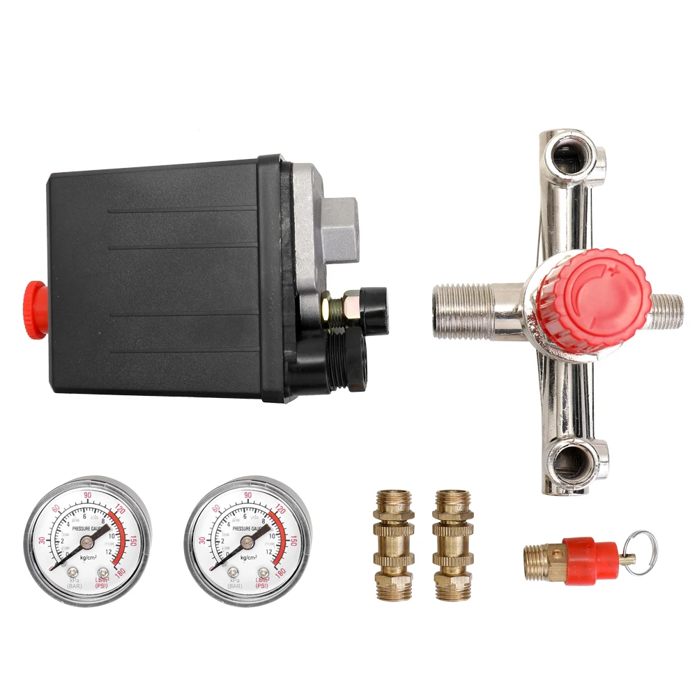 

Small Air Compressor Pressure Valve Switch Control Adjustable Manifold Relief Regulator Gauges 125 PSI 12 Bar 230V 16A