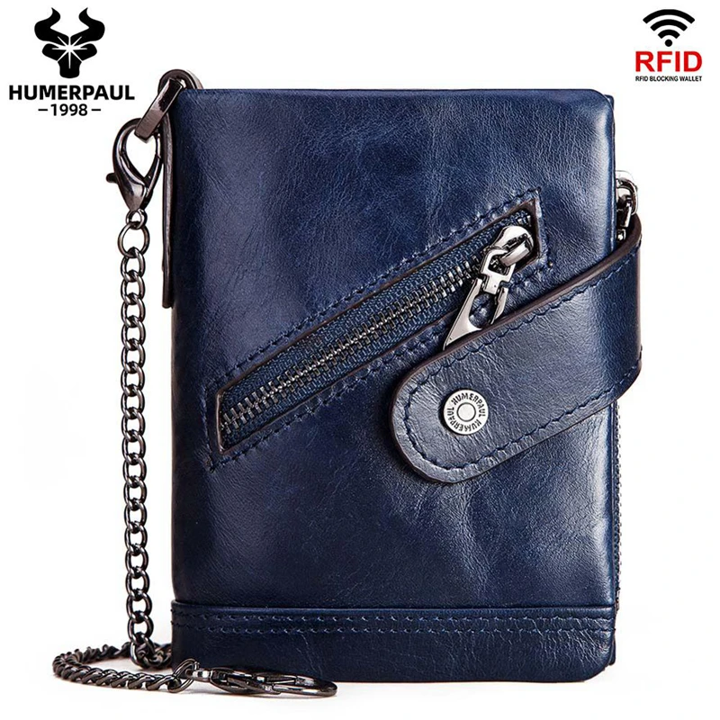 

Men's Wallet Double Zipper Hasp Cowhide Genuine Leather RFID Proof Chain Wallets Luxury Design Male Purse Money Clip Card Holder
