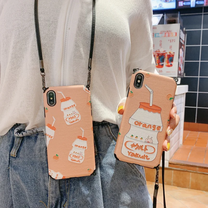 

Cute Lanyard Case For iPhone 7 8s 6 6s plus Japanese Drink Soft TPU Phone Cover for iPhone Xs max XR X Coque with Necklace Strap